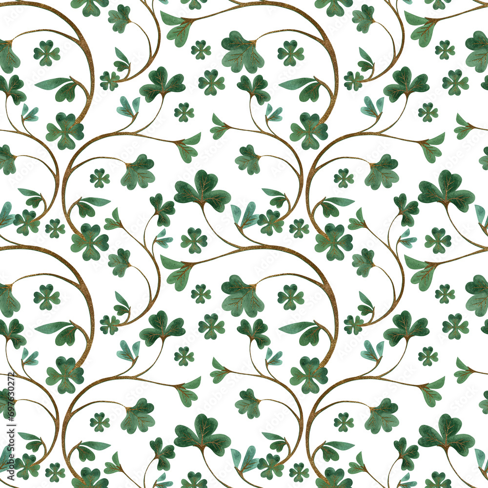 Seamless pattern with symbols of Ireland. Wrapping paper for St. Patrick's Day. Watercolor in vintage style on a white background.
