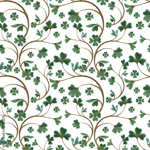 Seamless pattern with symbols of Ireland. Wrapping paper for St. Patrick s Day. Watercolor in vintage style on a white background.