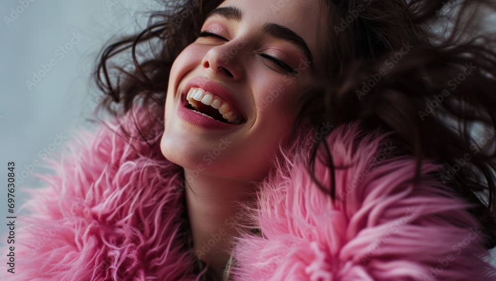Exuberant young woman laughing, adorned in a pink fur jacket, perfect for fashion and joy-themed content.