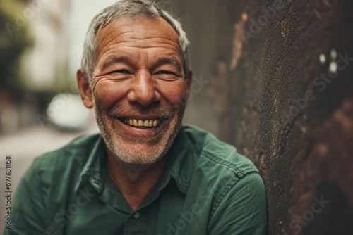 Affable older man with a warm smile, leaning against a wall—ideal for senior lifestyle and well-being themes.