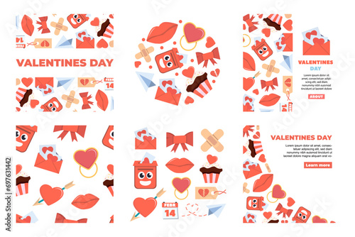 valentines day elements background. hearts lips love sweets letters envelope ring gift boxes, cartoon romantic love 14 February party celebration. vector cartoon minimalistic flat vertical background.