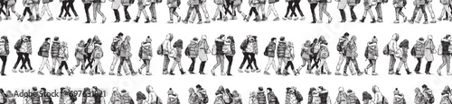 Seamless vector background of sketches group teenage schoolchildren with backpacks walking in crowd together on excursion