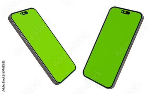 Realistic smartphone mockup. mobile phone vector with green screen isolated on transparant background, phone different angles views. 3d illustration