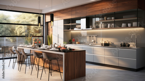 Kitchen interior design, modern minimalist style, gray shades, island.