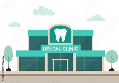 Dental clinic exterior front view in flat design on white background.