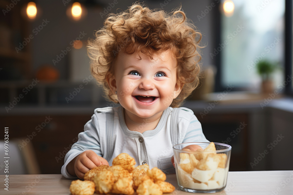 Satisfied baby eats simple food. First feeding, baby food. Satisfied baby eats simple food. First feeding, baby food.