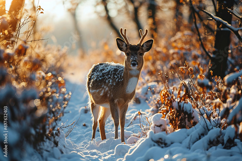 A deer walking on a snow during sunrise © Rekalawa