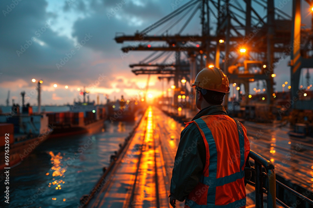An engineer from behind at busy port full with ships and containers. An engineer from behind at busy port full with ships and containers.