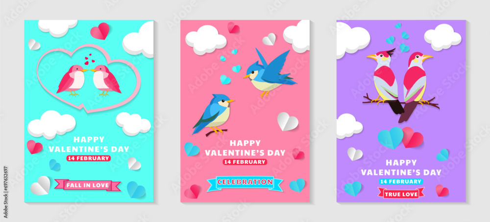 Vector illustrations with pink, white, blue hearts, clouds, and a bird's couple elements for a Valentine's Day banner or greeting card set of three concepts.