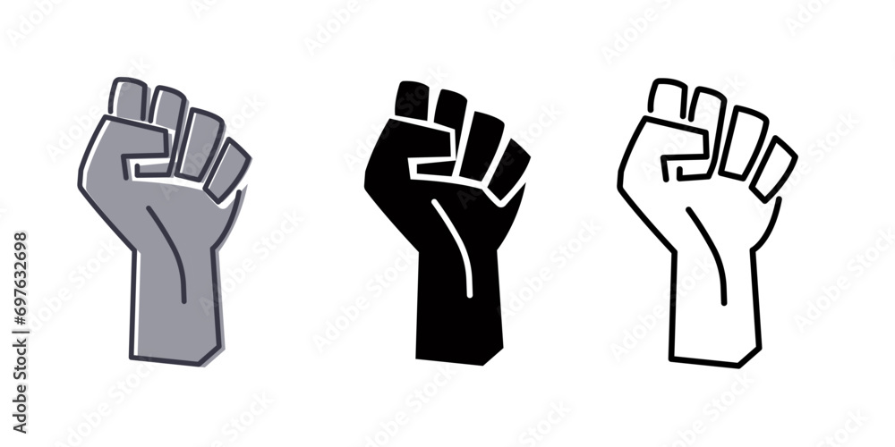 Black raised fist protest symbol icons. Hands clenched power symbol. Black lives important protest. Vector illustration Black raised fist protest symbol icons. Hands clenched power symbol. Black lives important protest. Vector illustration