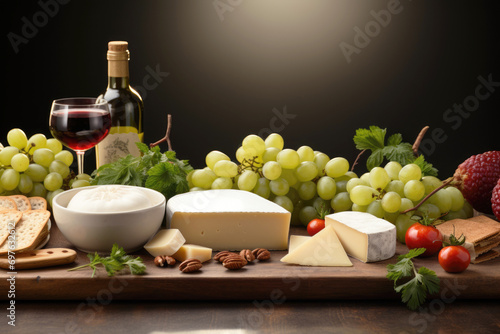 Still life with wine, cheeses and fruits on a dark background.