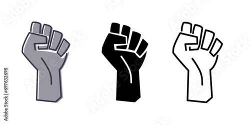 Black raised fist protest symbol icons. Hands clenched power symbol. Black lives important protest. Vector illustration