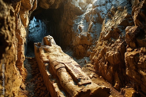 Fényképezés sarcophagus with egyptian mummy on a colorful hieroglyphs wall background inside