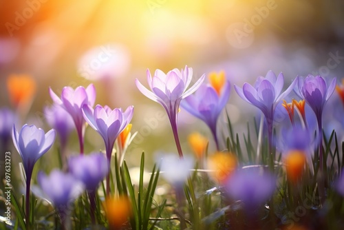 selective focus of crocuses between leaves made with AI