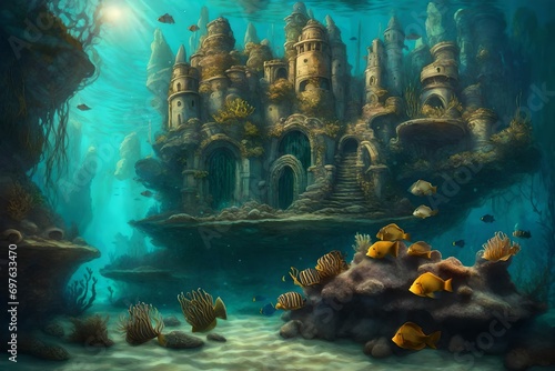 Underwater scenes with fishes and carol, lost underwater city