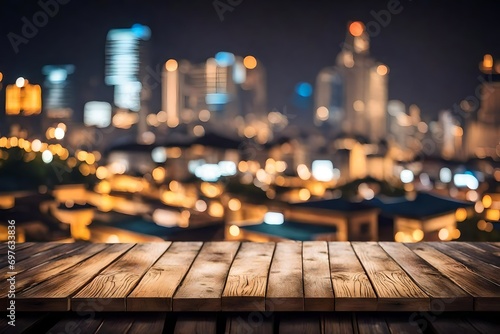 wooden table with rooftop  blur background  photo