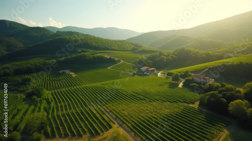 Vineyard plantation. Growing grapes in Italy, France, Spain. Sunny day, grape bushes, mountains and clean air. Sunny Splendor