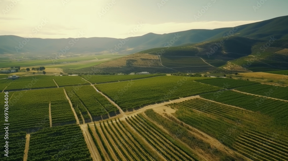 Vineyard plantation. Growing grapes in Italy, France, Spain. Sunny day, grape bushes, mountains and clean air. Sunny Splendor Vineyard plantation. Growing grapes in Italy, France, Spain. Sunny day, grape bushes, mountains and clean air. Sunny Splendor