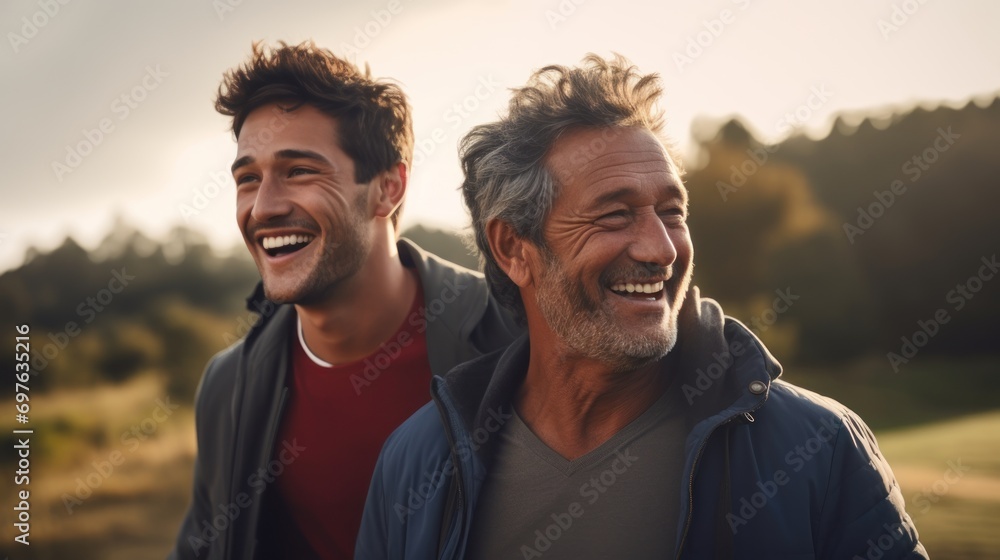 Happy mature father with son talking in the relax time outdoor during sky sunset, spending happy moment and enjoy family on weekend. Happy mature father with son talking in the relax time outdoor during sky sunset, spending happy moment and enjoy family on weekend.
