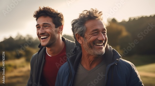 Happy mature father with son talking in the relax time outdoor during sky sunset, spending happy moment and enjoy family on weekend. photo