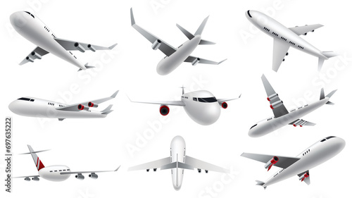 Airplanes on white background. Airliner in top, side, front view and isometric. realistic aircraft. Passenger plane, sky flying aeroplane and airplane in different views