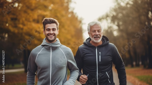 Happy mature father with son talking running outdoor on a bright day. healthcare after retirement concept. photo