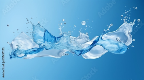 Water splash. Drops and splashes of pure transparent water on blue background