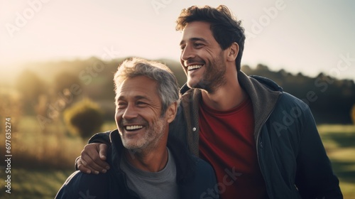 Happy mature father with son talking in the relax time outdoor during sky sunset, spending happy moment and enjoy family on weekend.