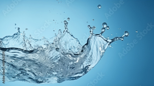 Water splash. Drops and splashes of pure transparent water on blue background