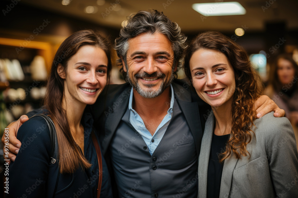 A cheerful group portrait of two women and a man smiling and hugging, exuding joy and togetherness in an indoor setting. A cheerful group portrait of two women and a man smiling and hugging, exuding joy and togetherness in an indoor setting.