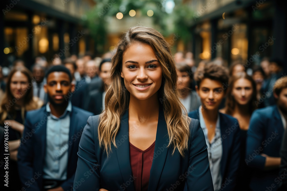 Obraz premium A confident businesswoman stands out among her diverse team of professionals in a corporate environment.