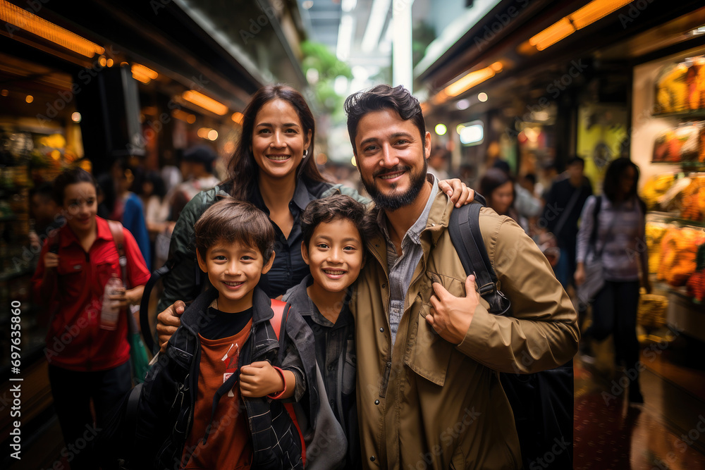 A smiling family with two children enjoying a shopping trip at a vibrant urban market. A smiling family with two children enjoying a shopping trip at a vibrant urban market.