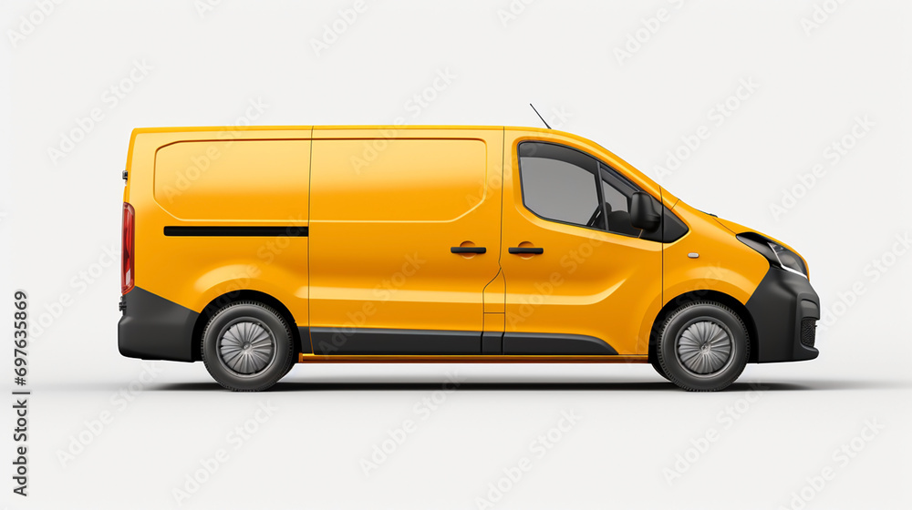 Vehicle branding mockup image with yellow color delivery van, empty plain color in white background for editing 