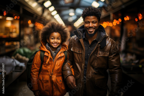 Smiling African American father and child enjoying quality time together at a city market street during the evening.