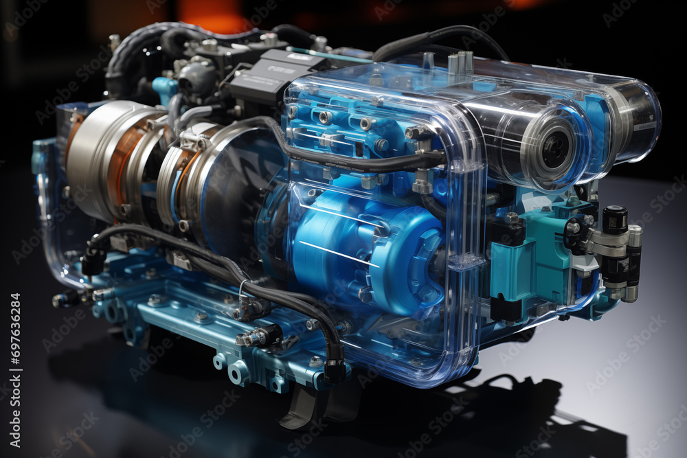 Futuristic hydrogen fuel cell engine. Source of clean energy Futuristic hydrogen fuel cell engine. Source of clean energy