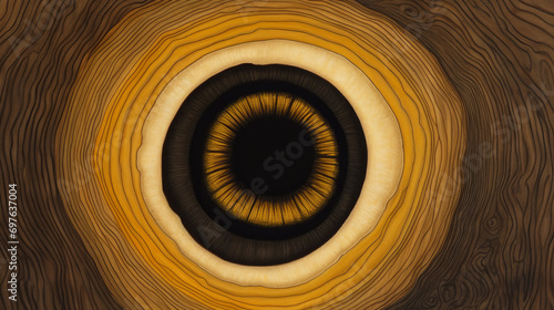 Wood pattern in minimalist graphic style. Wooden art background with a predominance of dark and gilded colors. Circles on the tree