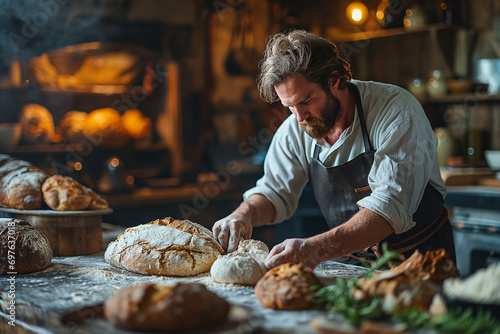 man kneads dough for bread, bakery, rear view