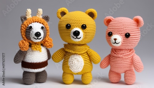 Three crocheted teddy bears with different colors