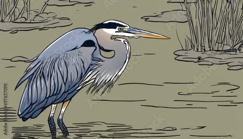 A blue heron standing in a marshy area photo