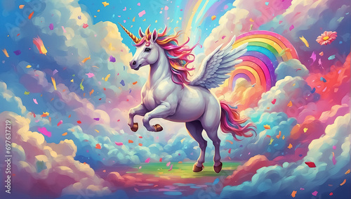 Unicorn in the clouds with rainbow background. Generative Ai