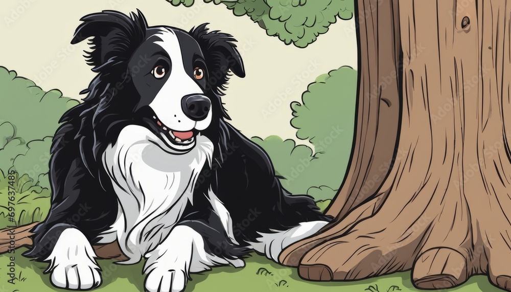 A black and white dog sitting next to a tree