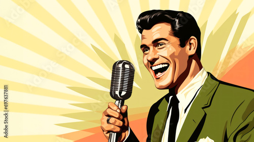 Portrait of young singer holding microphone. Pop art retro illustration with space for text