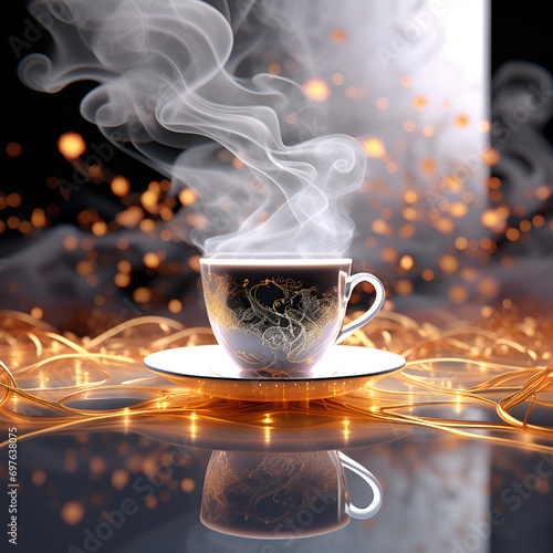 A 3d abstract Brocade coffee cup smoke network Vanishing Point with dark background. Back Light