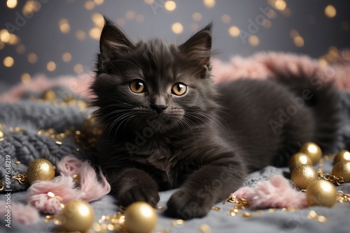 Cute kitty on festive background