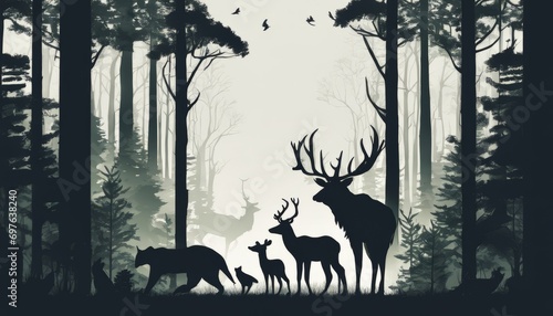 A cartoon image of deer and a bear in a forest