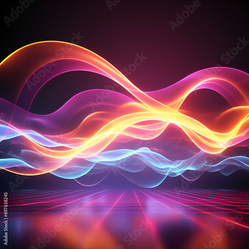 A 3d abstract line smoke network neon wave Vanishing Point with dark background. Back Light