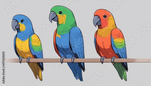 Three colorful birds sitting on a pole