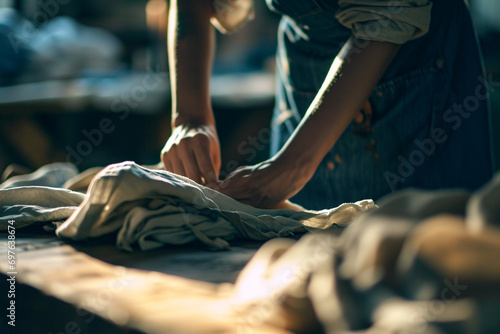 someone elegantly folding clothes on a table, emphasizing the graceful and deliberate movements, turning a mundane task into a cinematic display of precision