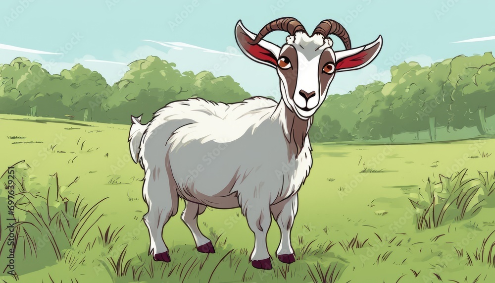 Fototapeta premium A goat with horns standing in a field