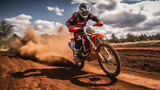 Sports banner background photo of an active motocross bike rider riding and taking a jump with his motor bike on an outdoor track with dust 